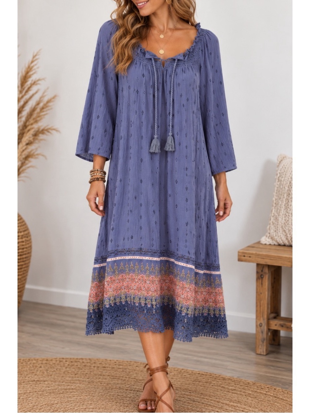 Chadwick’s women’s boho midi dress in a dusty blue/blue-gray shade